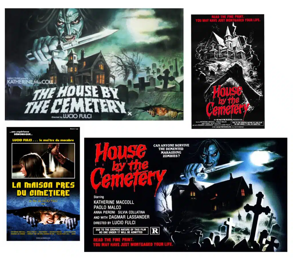 Affiches américaine, britannique et québécoise de La maison près du cimetière.